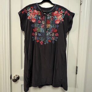 Johnny Was BIYA embroidered silk floral tunic dress in charcoal grey